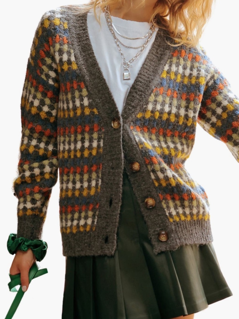 Blu Pepper Diamond Print Button Front Cardigan - Large - Picture 9 of 9